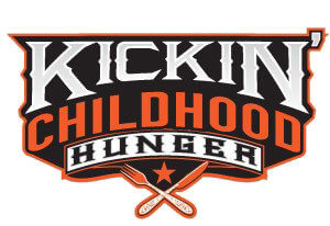 Logo with the words Kickin Childhood Hunger in bold letters. A star and two crossed utensils appear under "Hunger," reflecting how this Stillwater OK nonprofit charity helps hungry children. Design uses black, white, and orange colors. -Kickin' Childhood Hunger